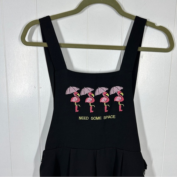 Reyon Black Need Some Space Flamingo Embroidered Wide Leg Overalls 40 (US S) - Picture 5 of 7
